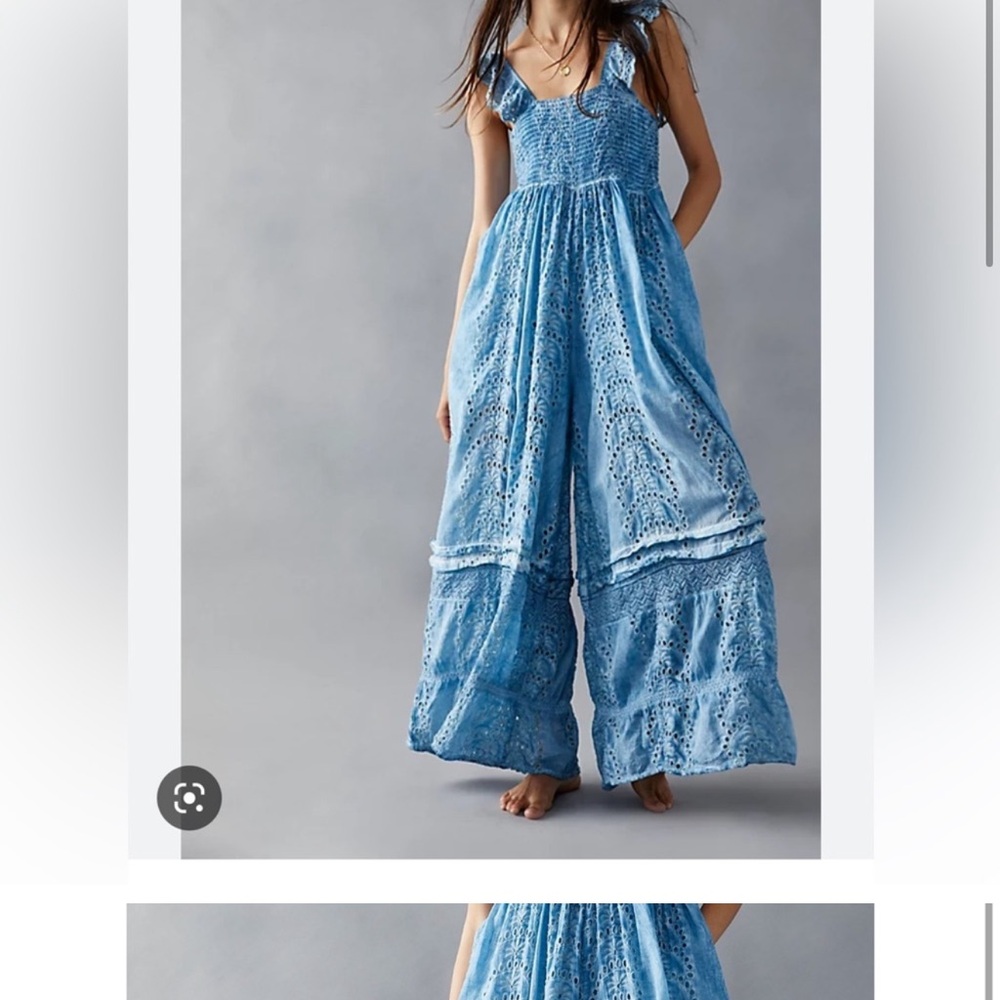 Free People x Barok Blue Eyelet Lace Jumpsuit Medium